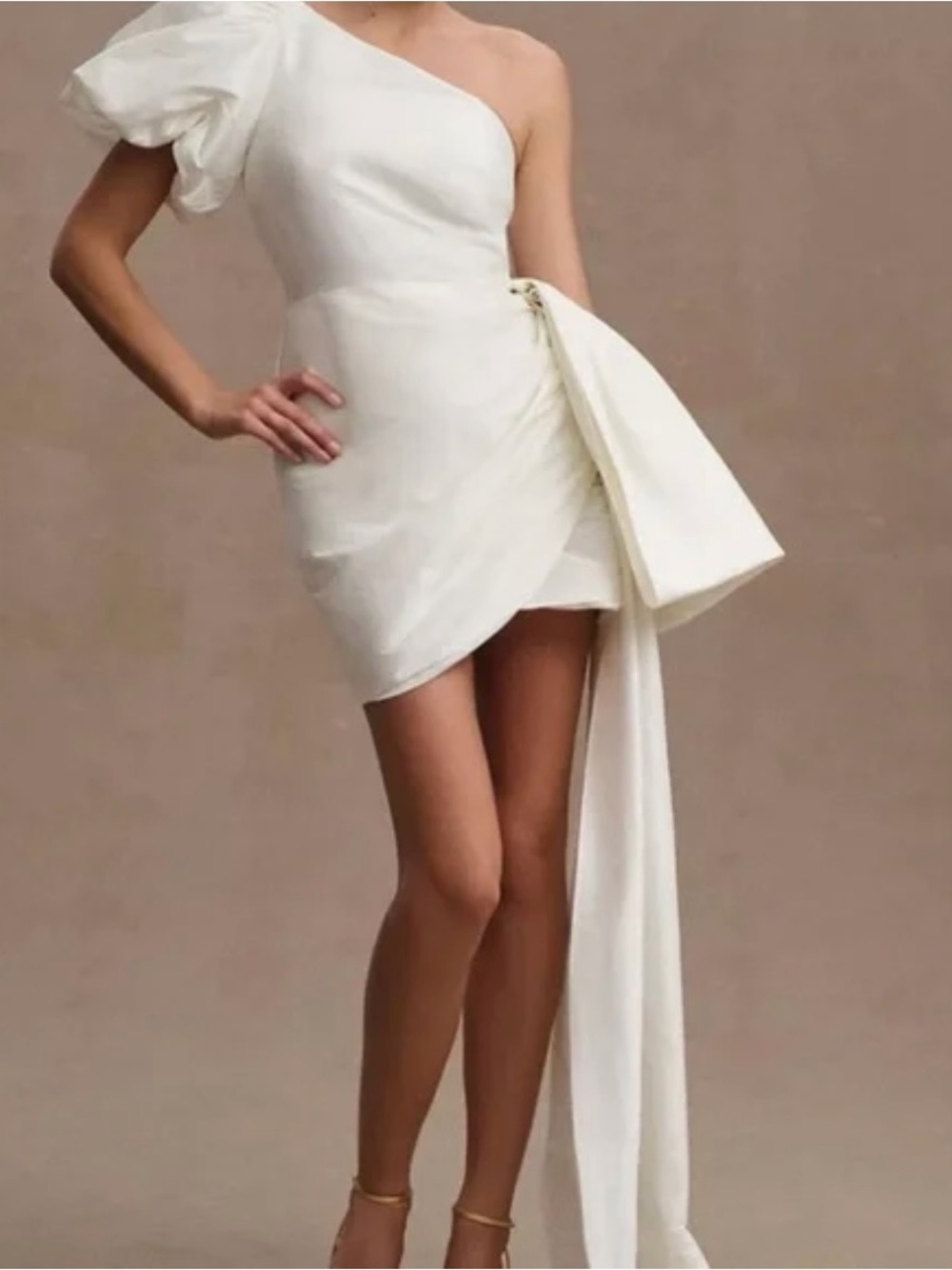 Anthropologie One-Shoulder Cream Mini Dress with Draped Sash